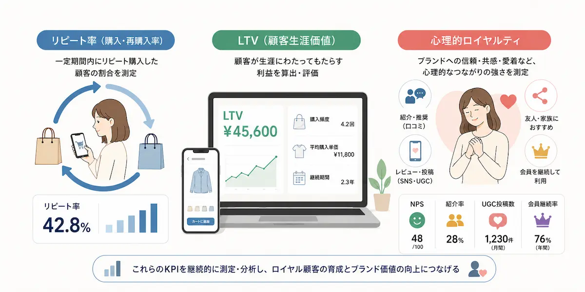 スマホを見る女性やPC画面によるリピート率、ltv、心理的ロイヤルティのイメージ画像