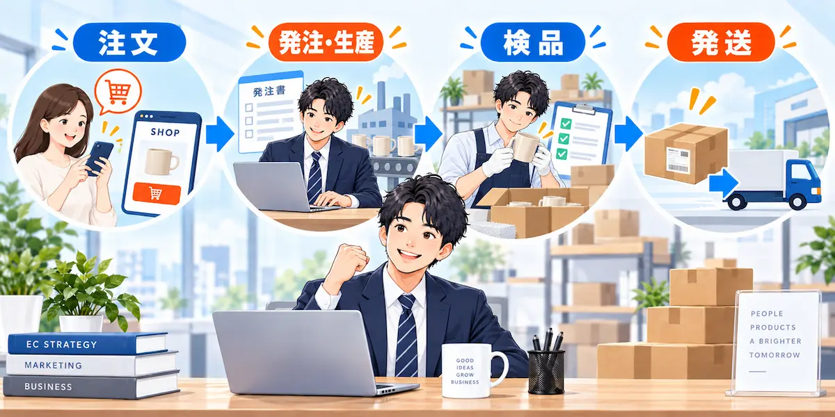 注文・発注・生産・検品・発送のながれのイメージイラスト