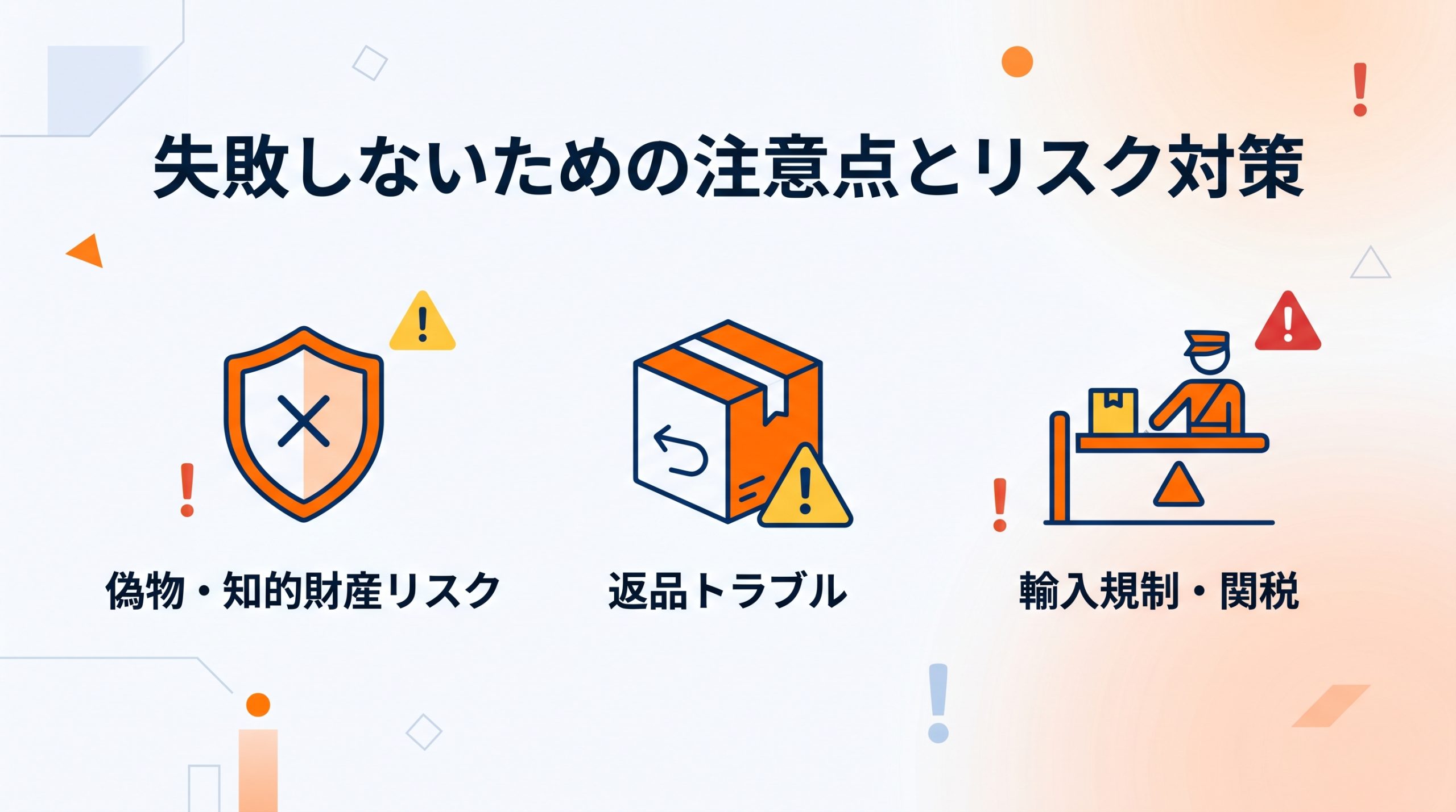 偽物・知的財産リスク、返品トラブル、輸入規制・関税のイメージイラスト