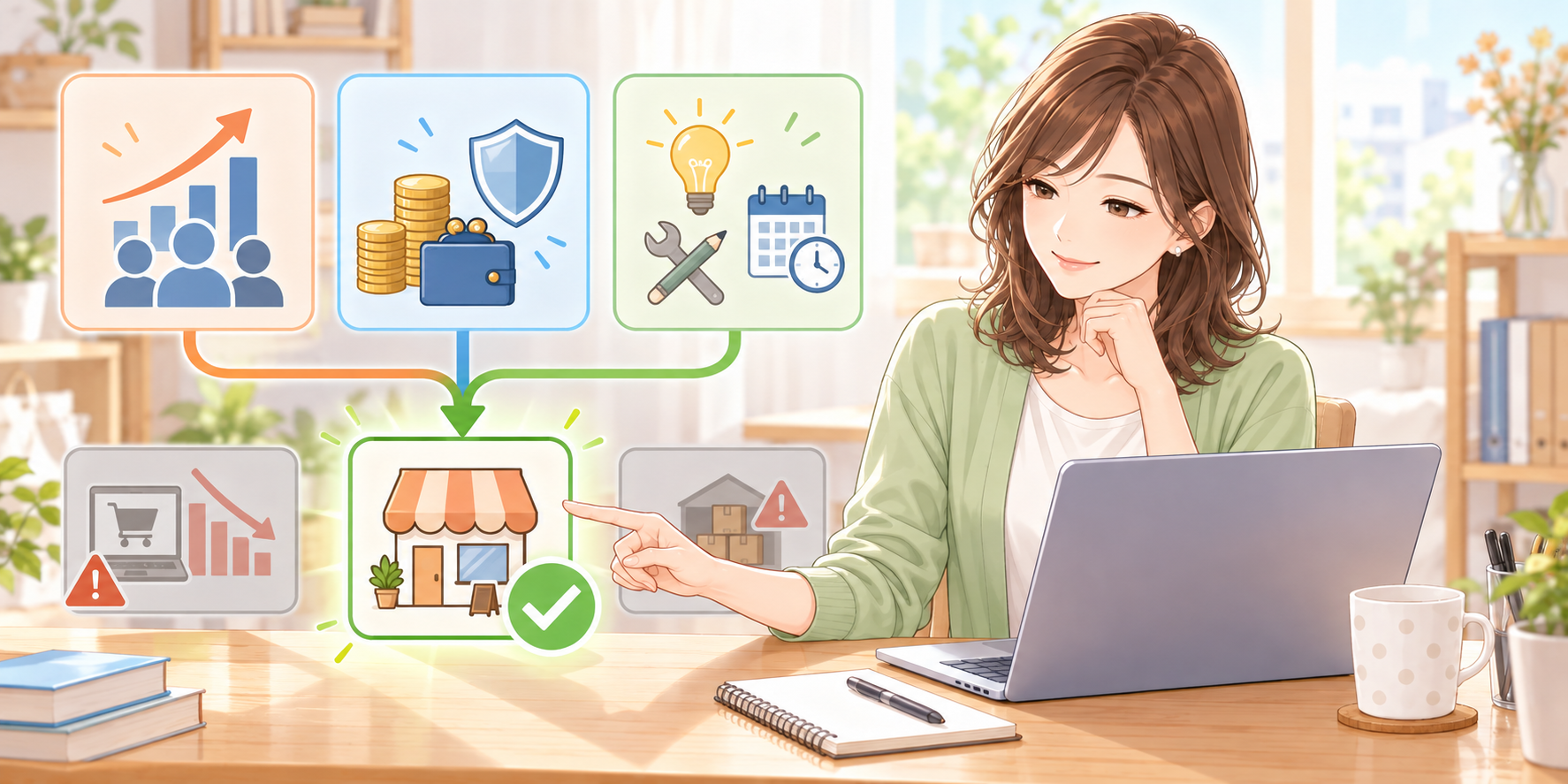 PCの前で、コスト計算から正解を導く女性のイメージイラスト