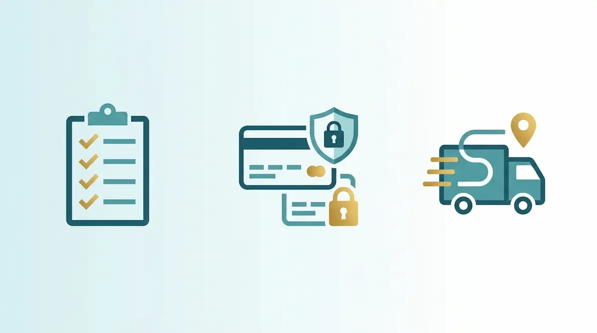 チェックリスト、クレジットカードに鍵マーク、配送のイラスト