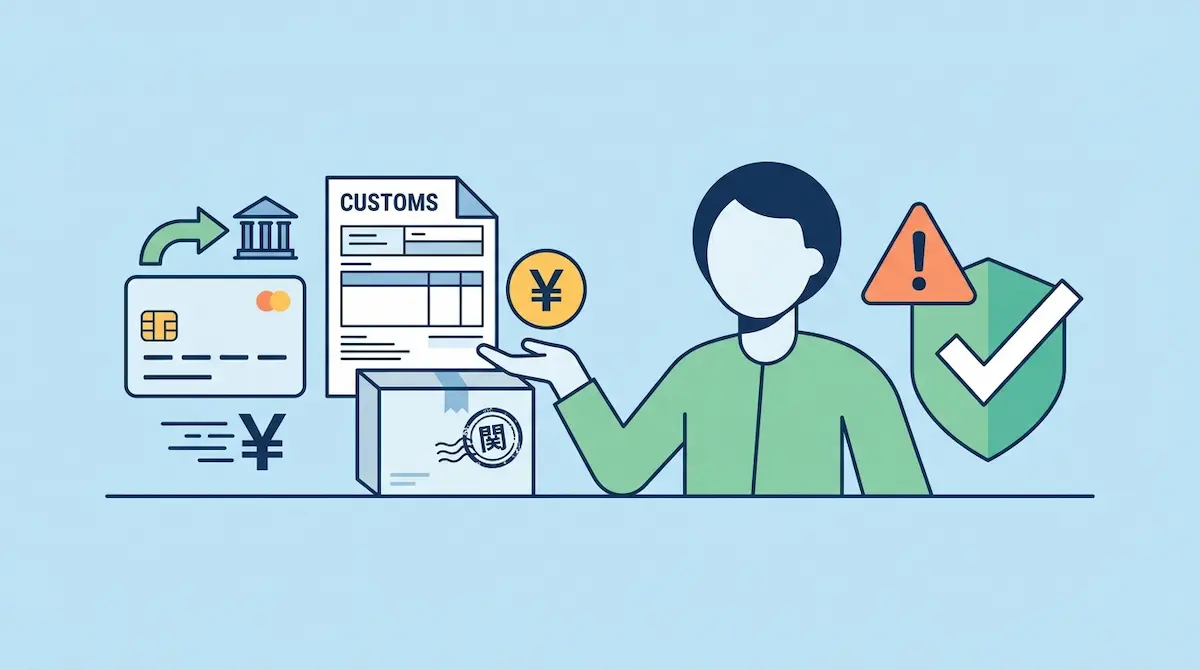 通関書類、荷物、クレジットカード、円マーク、チェックマーク