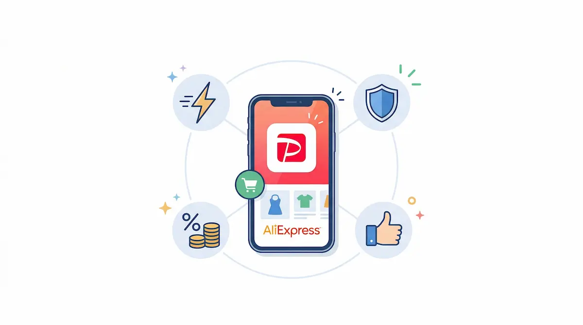スマホにPAYPAYのロゴとALiexpressの文字、まわりに安全、支払い、指│のアイコン