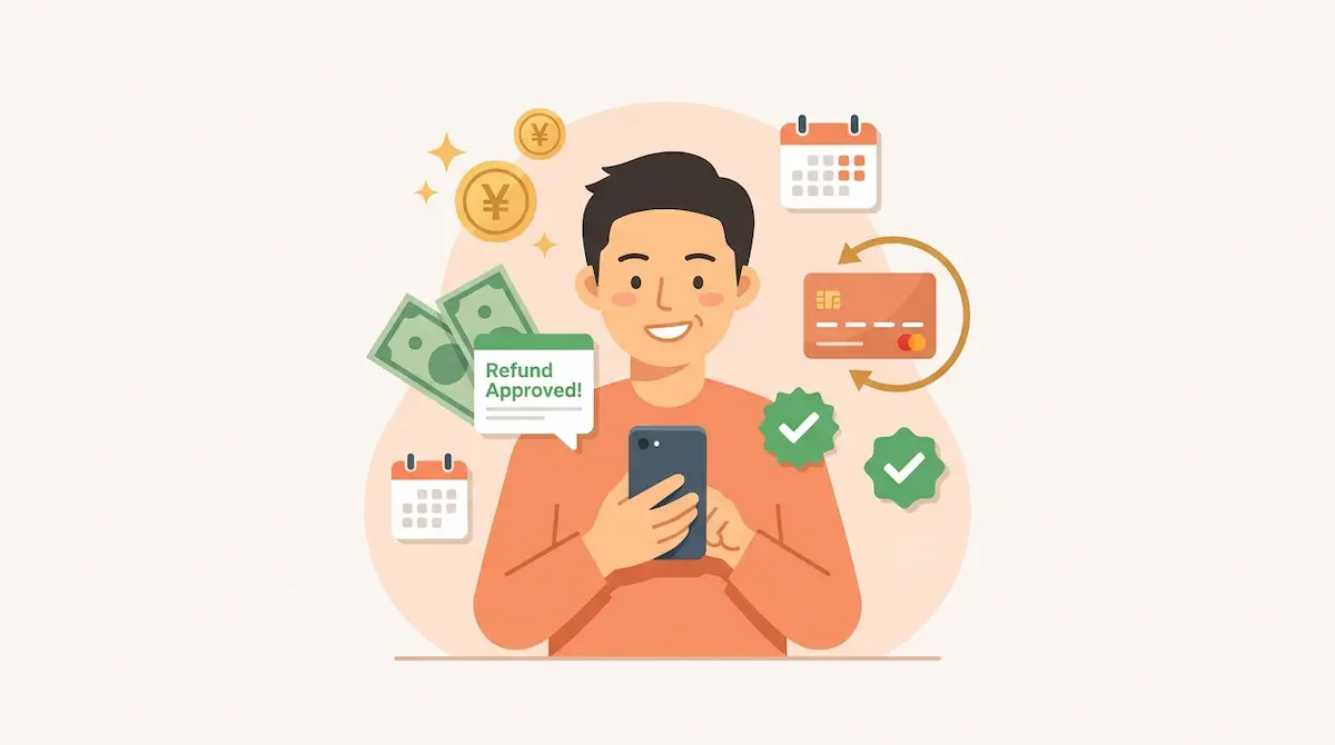 スマホ手にした男性、円マーク、カレンダー、クレカにチェックマーク