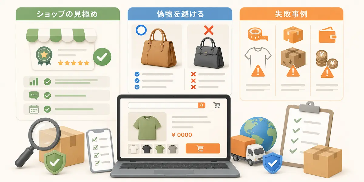 ショップ見極め方、偽物避ける、失敗事例のイメージイラスト