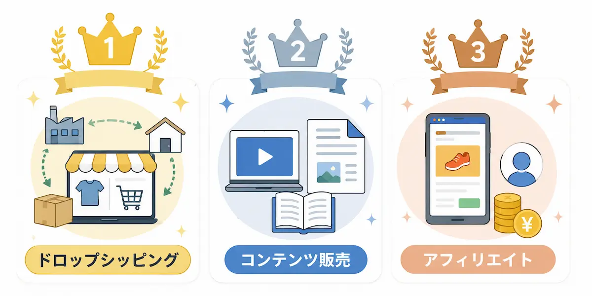 1位ドロップシッピング、２位コンテンツ販売、３位アフィリエイトを表現したランキングイラスト