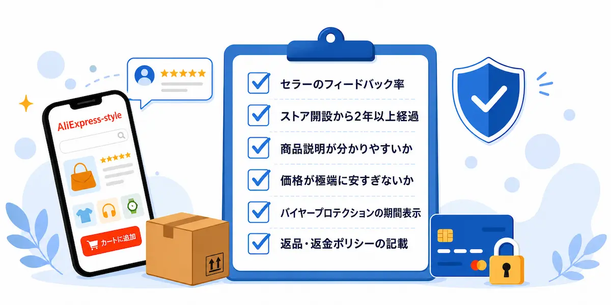 チェックリスト、aliexpressのスマホ画面、梱包荷物、クレジットカード