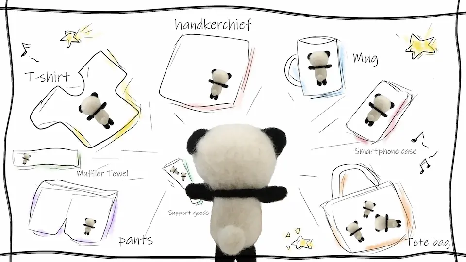 パンダとＴシャツ、ハンカチ、マグカップ、スマホ、タオル、パンツのイラスト