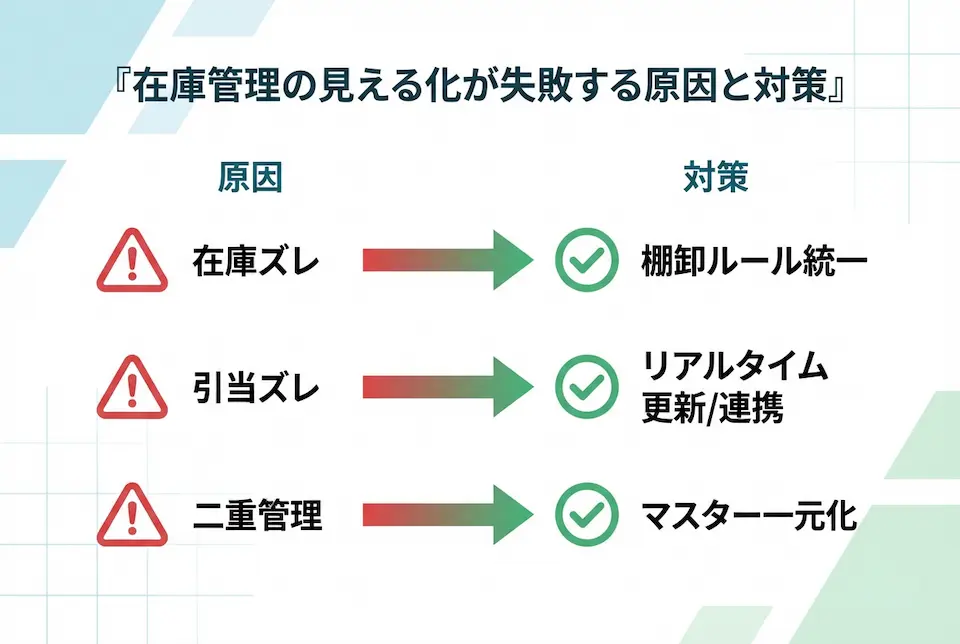 在庫管理の見える化失敗の原因と対策を表したイメージイラスト