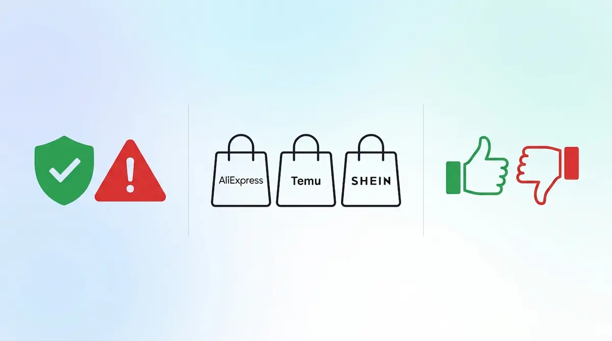 安全と危険、aliexpress・temu・shienの文字、指で上下差しのポーズ