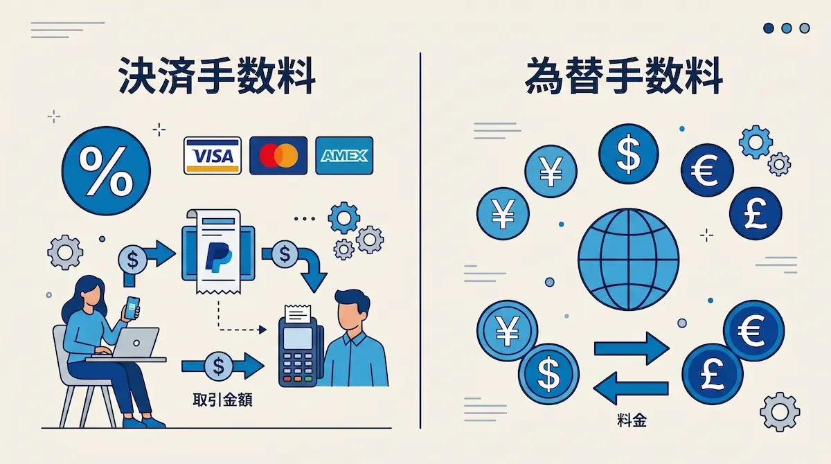 左に決済手数料とクレジットカード、取引する男女、右に為替手数料の文字と通貨マーク