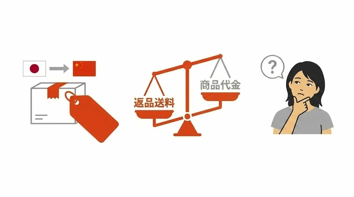 首をかしげる女性、図りで返品送料と商品代金、値札のついた荷物に日本から中国を示した国旗