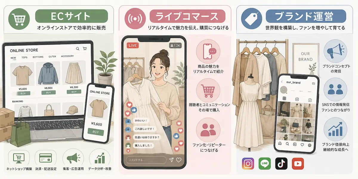 ECサイト、ライブコマース、ブランド運営のイメージイラスト