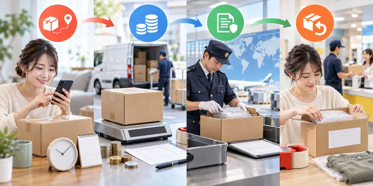 商品決済から配送、税関でのチェック、届いた商品の検品のイメージ画像