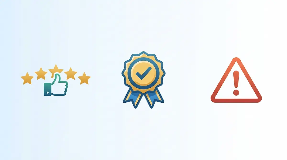 レビュー、評価バッジ、危険マーク
