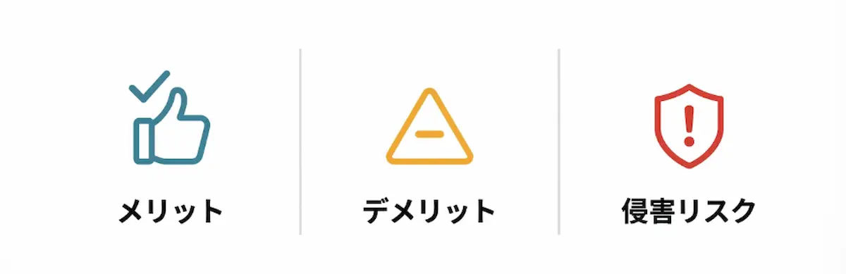 メリット、デメリット、侵害リスクのイメージイラスト