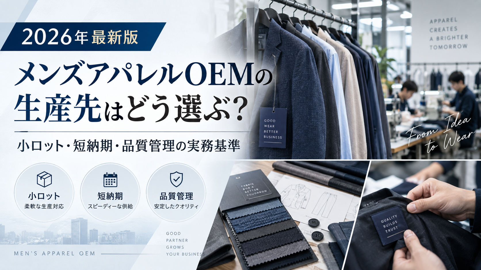 2026年最新版 メンズアパレルOEMの生産先選び｜小ロット・短納期・品質管理に対応する生産現場と素材・縫製確認のイメージ