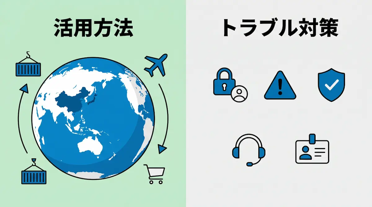 左に活用方法と地球儀、右にトラブル対策とそのイメージイラスト