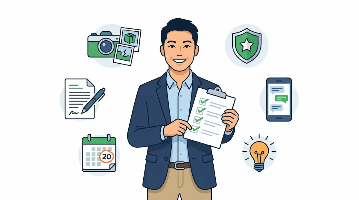 チェックリストを手にした男性、スマホ、電球、カメラと写真、カレンダー