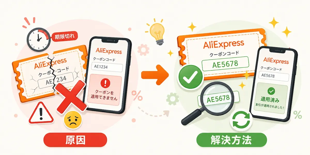 クーポンが使えない原因と解決方法のイメージイラスト