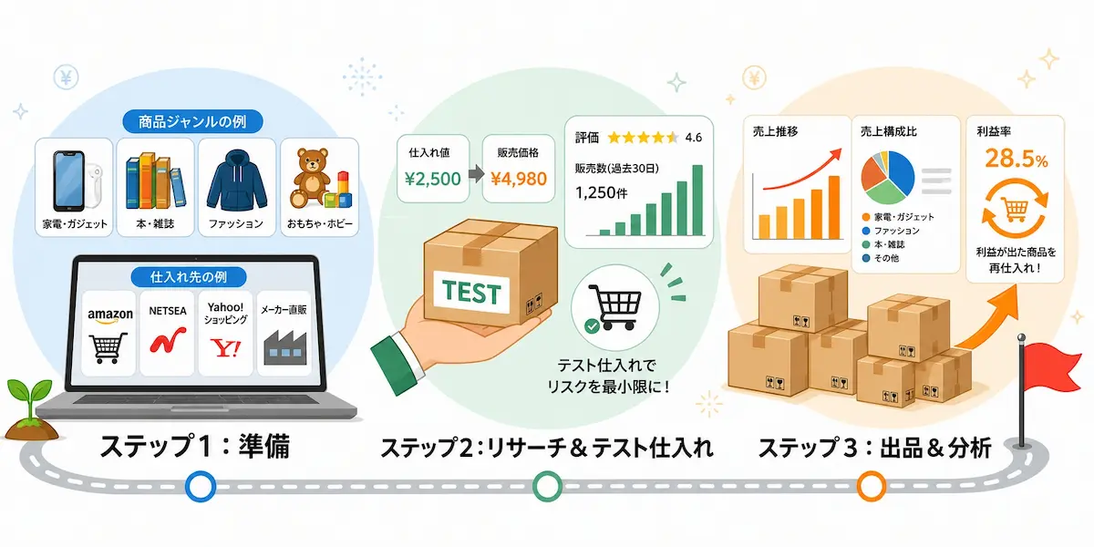 せどりの始め方を、準備、仕入れ、販売の3ステップで表したイメージイラスト