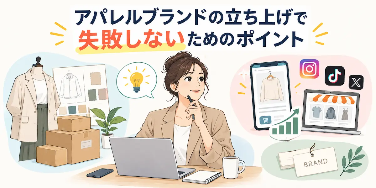 PCの前でヒントを思いつく女性、アパレル用品、梱包商品、スマホ画面に商品画像