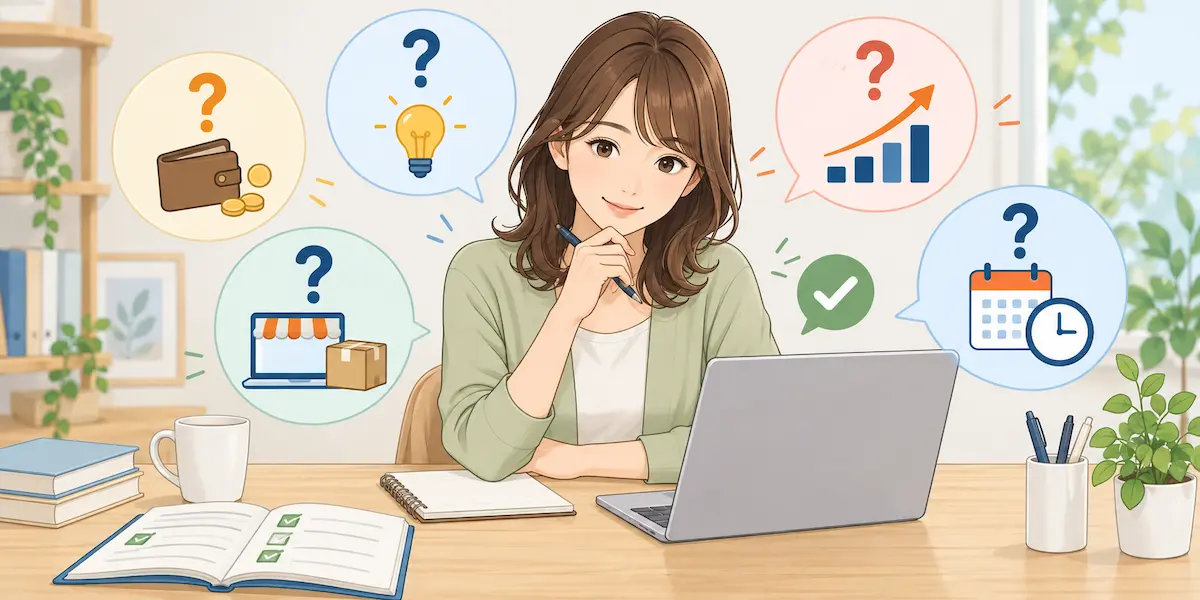 PCの前で首をかしげる女性、資金、売上、スケジュール、配送などに対する疑問のイメージイラスト
