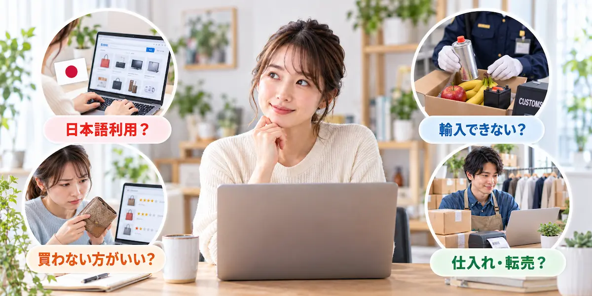 PCの前で考えている女性。左に日本語利用？買わないほうがいい？右に輸入できない？仕入れ・転売？の疑問を表すイメージ画像。