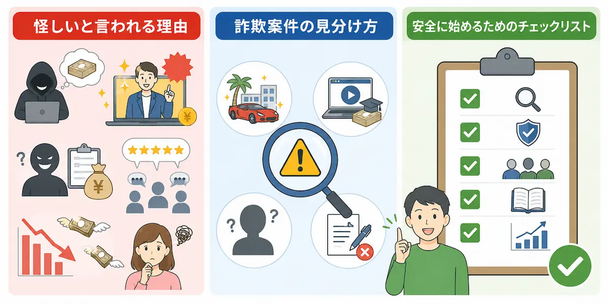 ネットビジネスの怪しい理由、詐欺案件、チェックリストのイメージイラスト