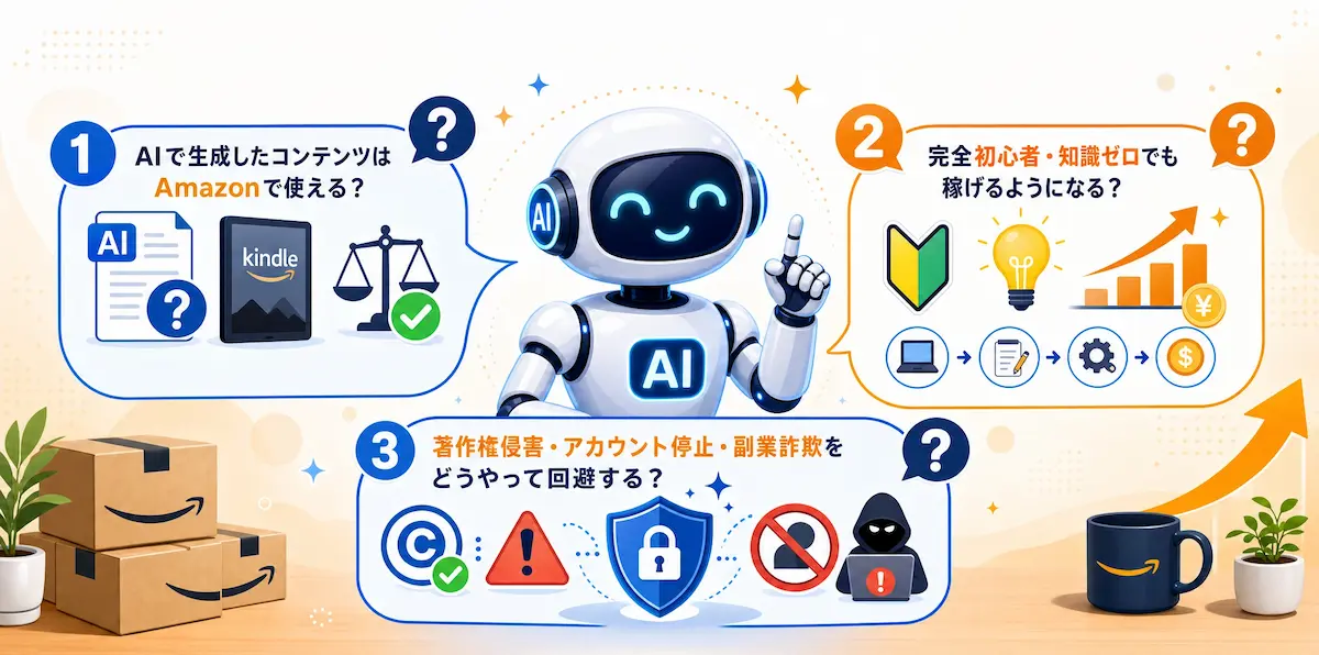 AIロボットを中心に、生成AIの使用可否、稼げるか？、著作権侵害などの課題の回避方法などのイメージイラスト