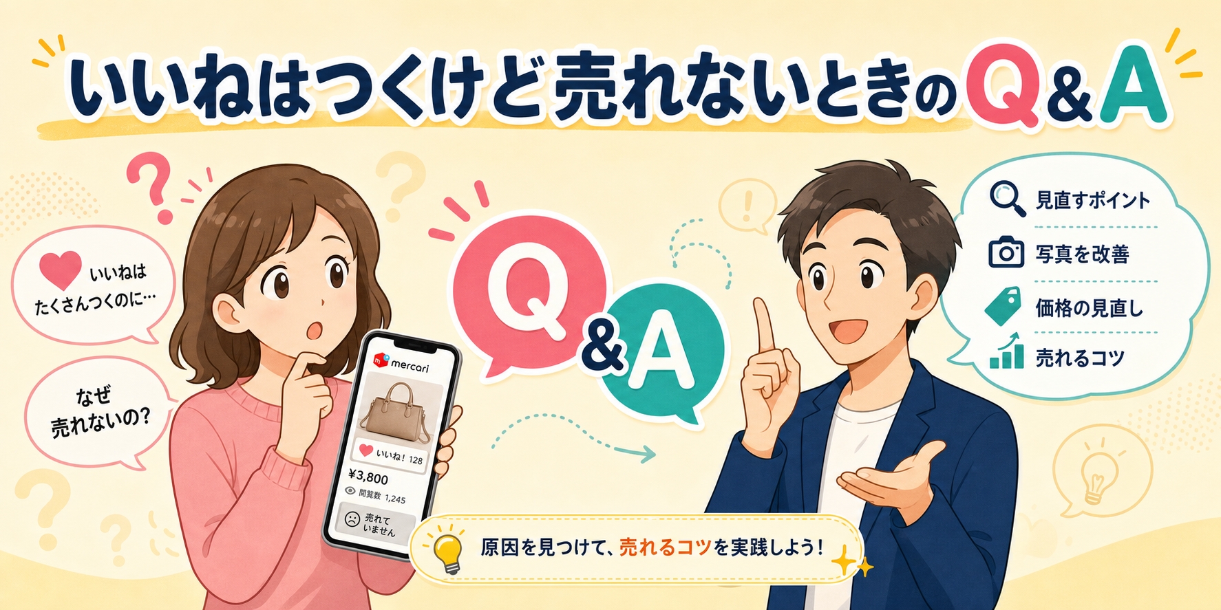 スマホを持つ女性と、解説する男性、中央にQ＆Aの文字