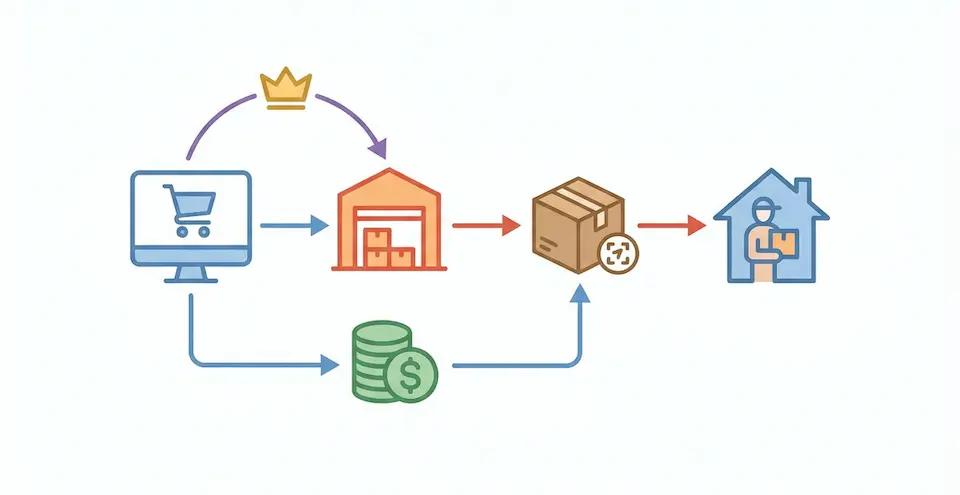 購入から発送、商品のお届けまでのドロップシッピングのイメージイラスト