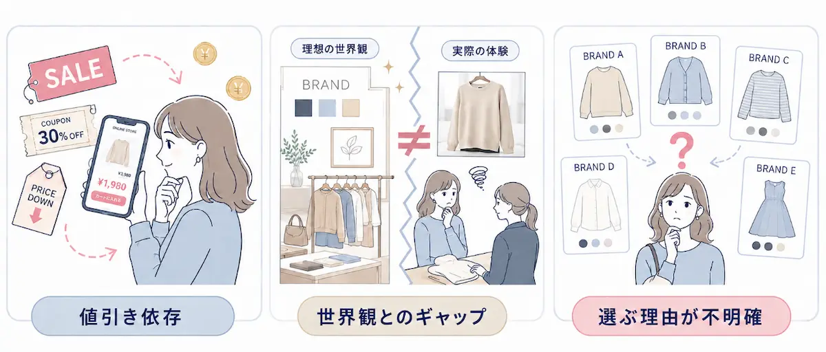 セールを見る女性、ブランド選択に迷う女性によるブランドロイヤルティが高まらないイメージイラスト