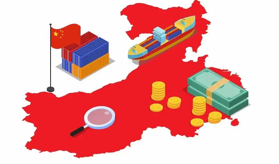 中国地図イラストと、船舶、札束、コイン、コンテナーの絵