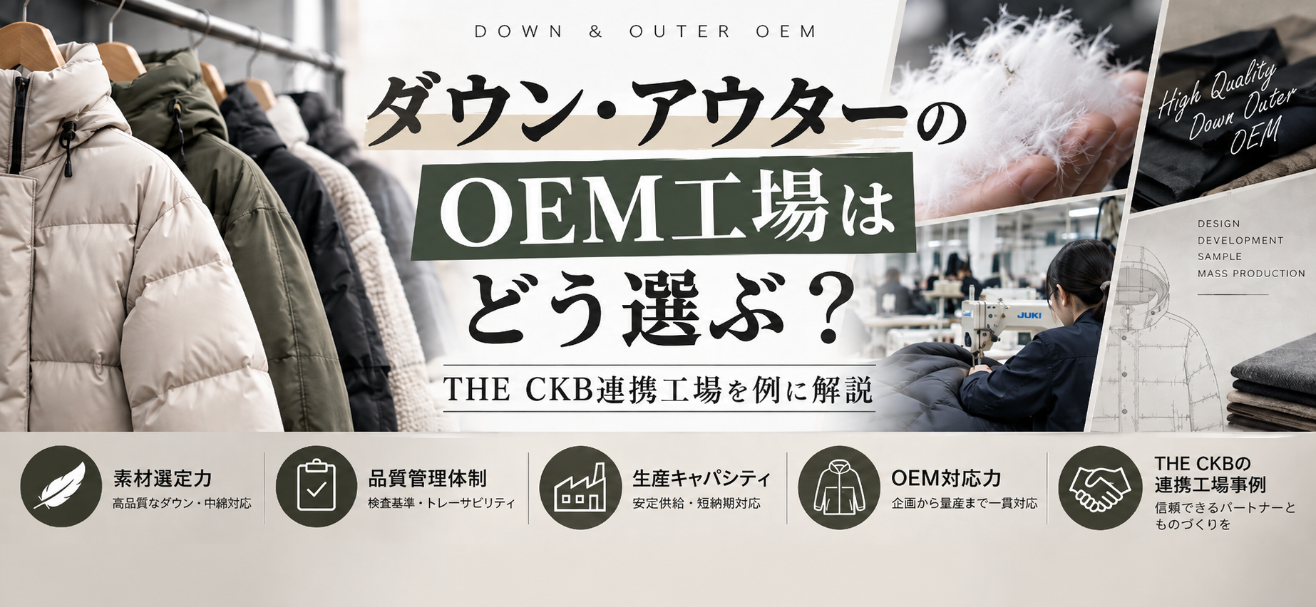 ダウン・アウターOEM工場の素材選定、品質管理、生産体制、OEM対応力を紹介するイメージ