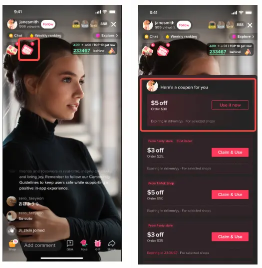 TikTok Live配信でクーポンが表示されている画像