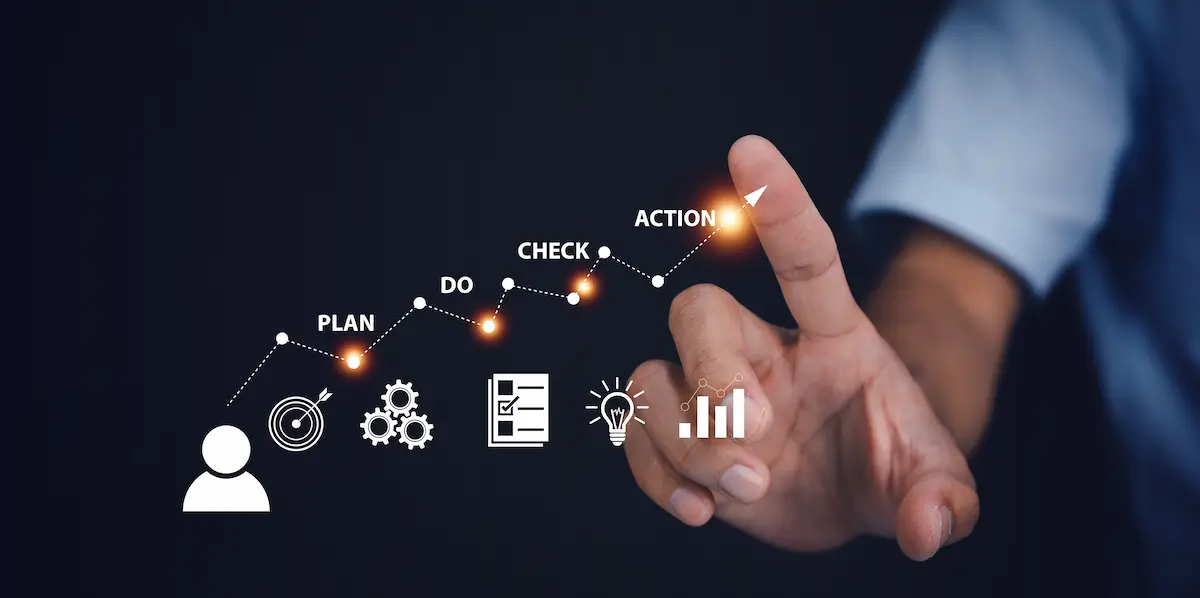 ビジネスパーソンの指先とplan do check actionとそれに対応したアイコン