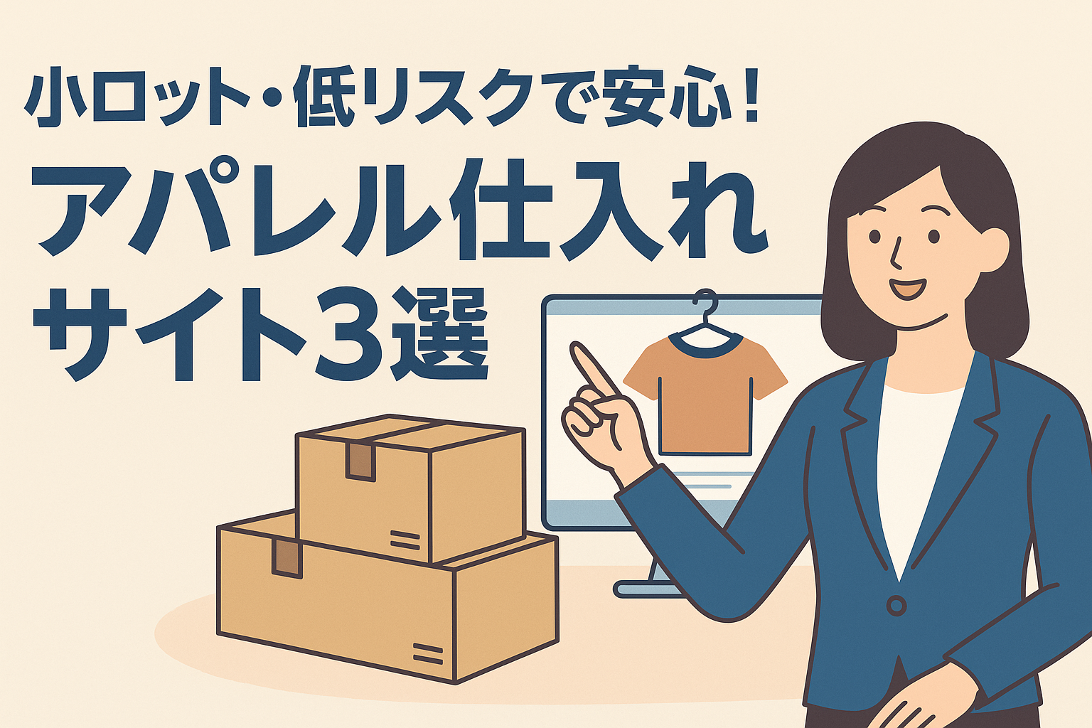アパレル仕入れサイトを紹介している女性のイラスト