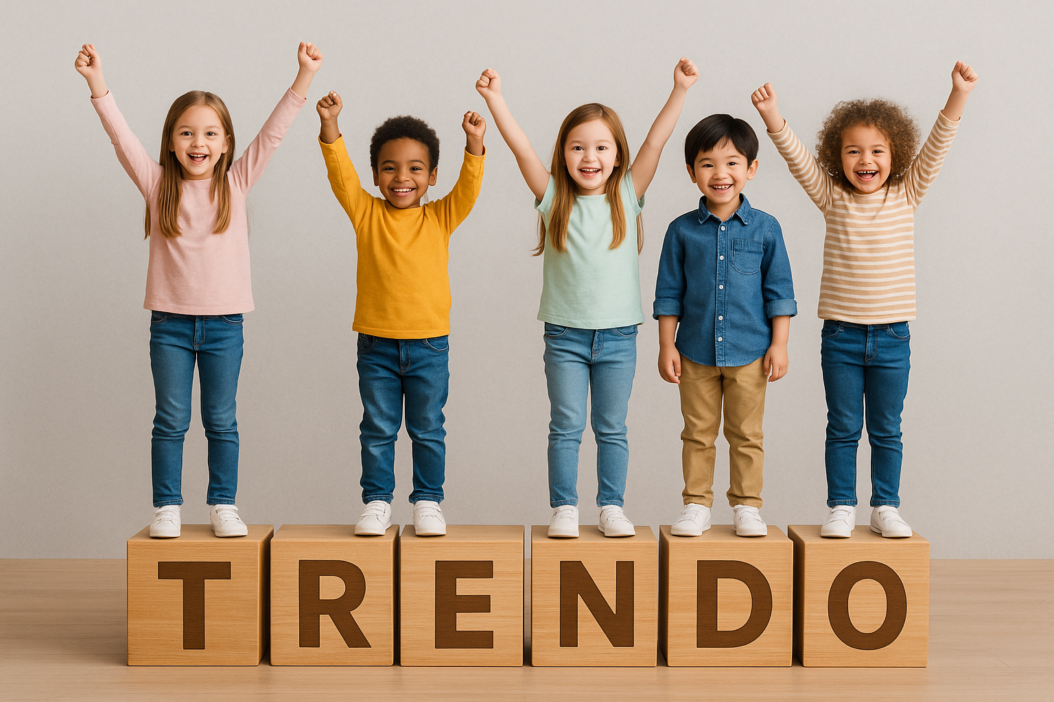 積み木にTRENDの文字、その上にたつ子供5人