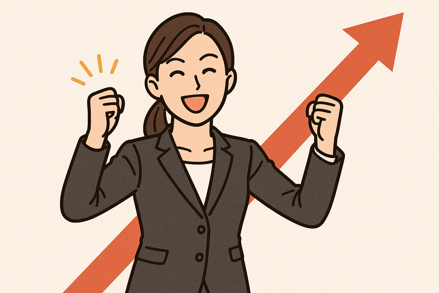 ビジネスウーマンがガッツポーズし、上昇をしめす矢印