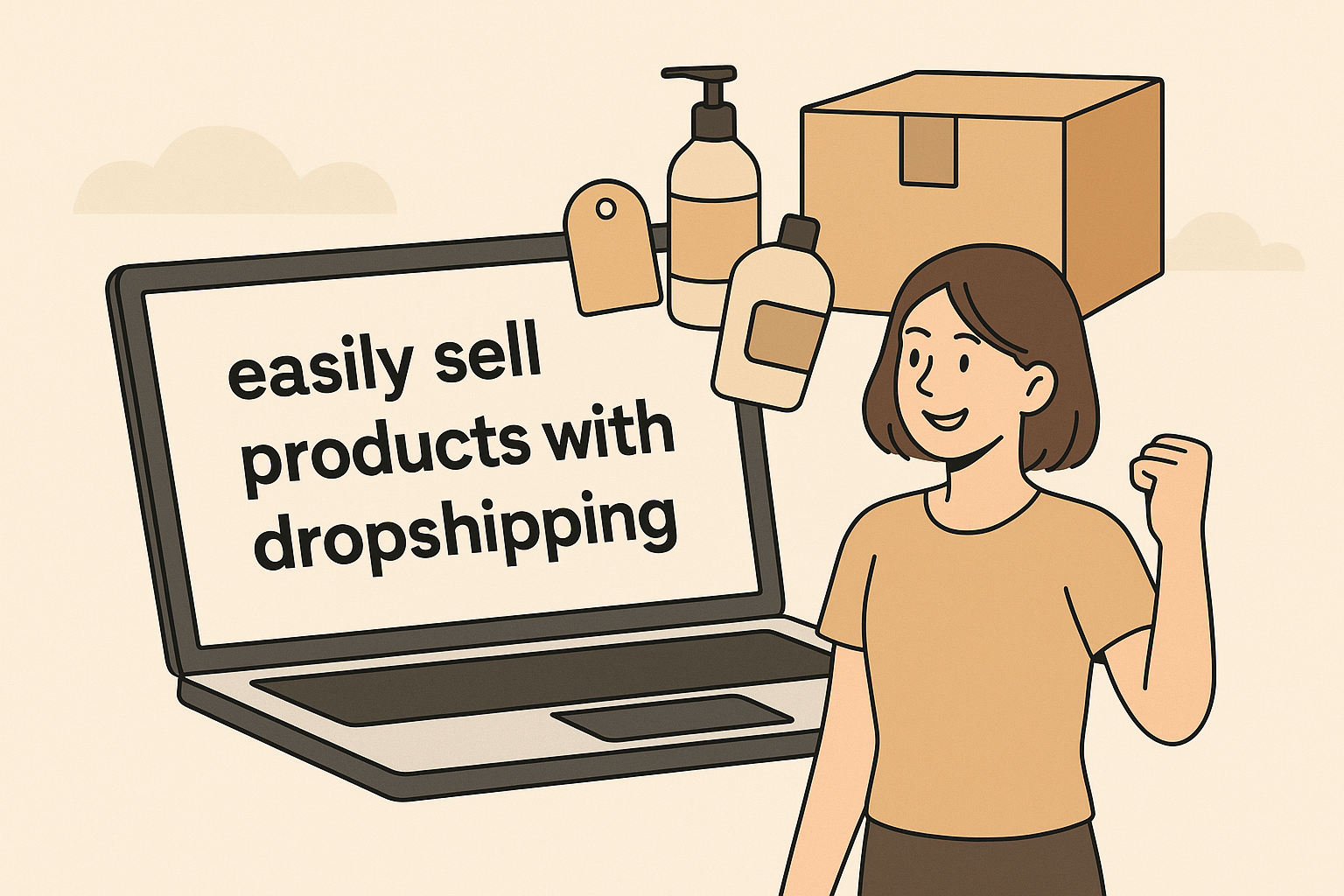 ドロップシッピングで売れる商品の紹介という文とPC・商品、購入者のイメージイラスト