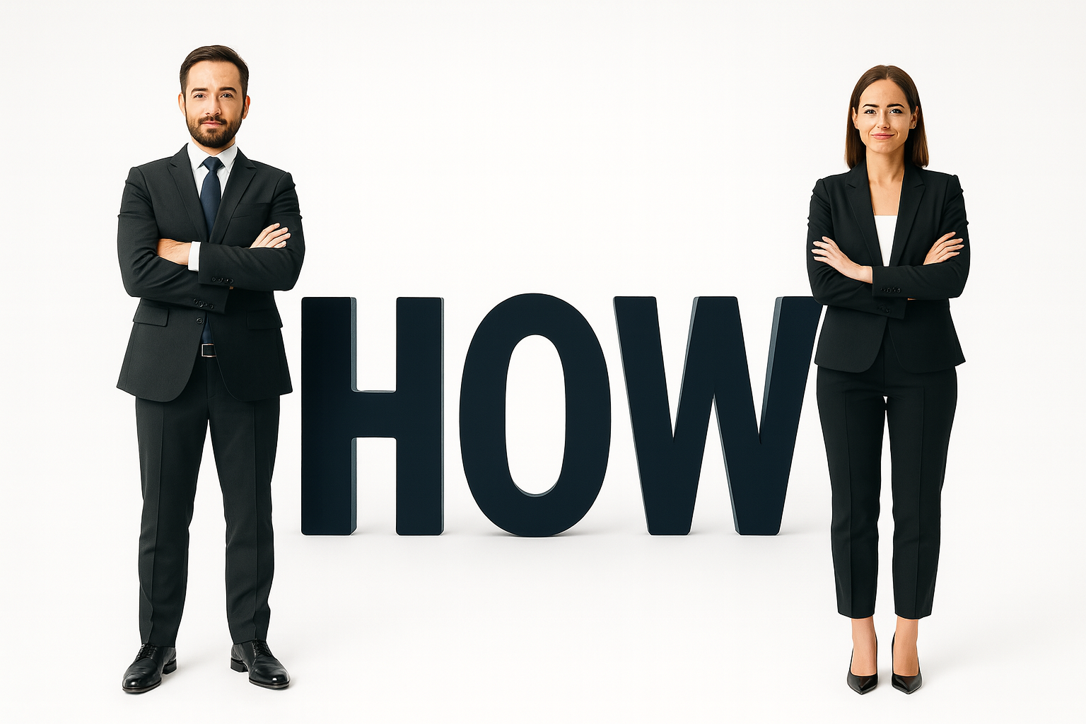 HOWの文字とその両側に建つビジネスパーソン