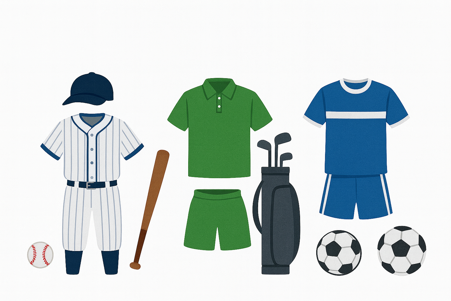 スポーツウェアメーカー徹底比較の文字と、野球・ゴルフ・サッカーのユニフォームと用具のイラスト