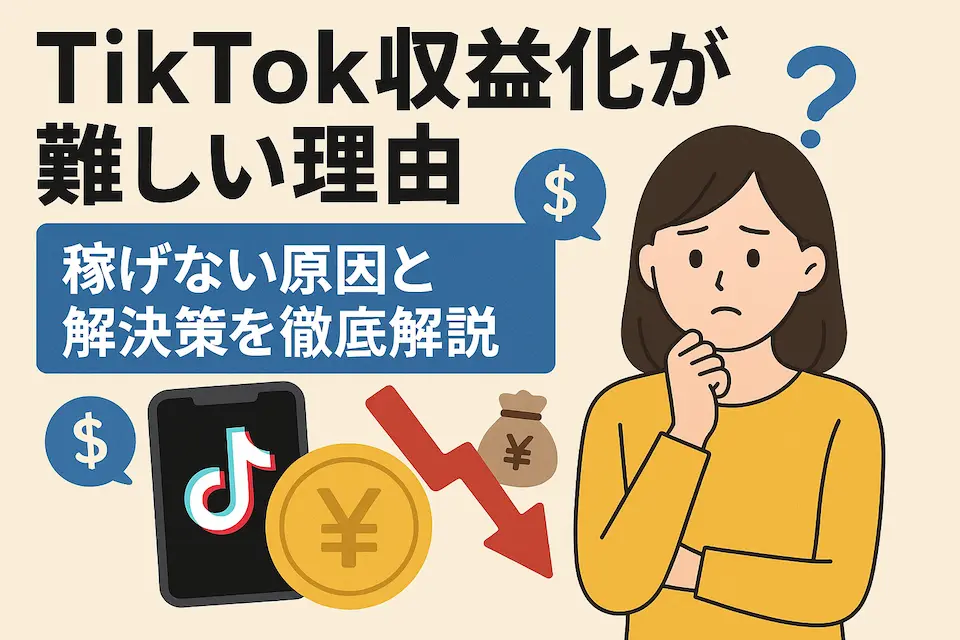「TIKTOK収益化が難しい理由」の文字、困った表情の女性、TIKTOKのロゴ、円マークに下落の矢印