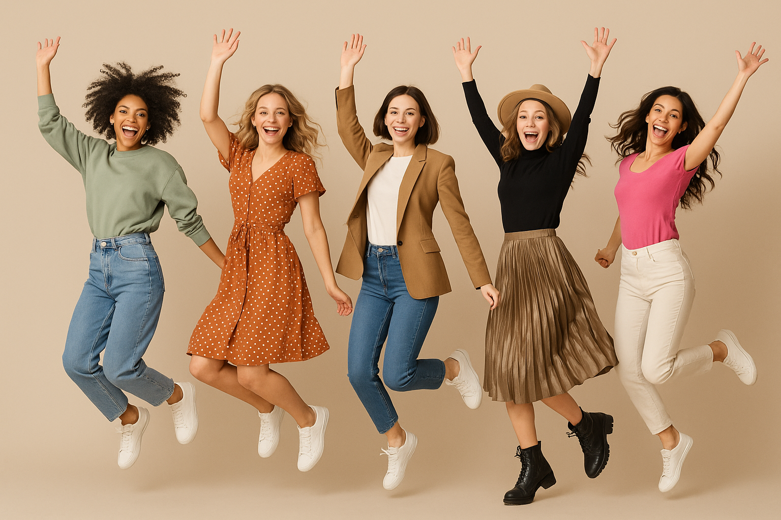 さまざまなファッションで5人の女性がジャンプしている画像