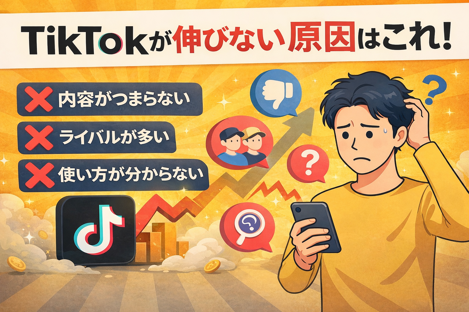 tiktokロゴ、停滞から上昇を示す↓のイラスト
