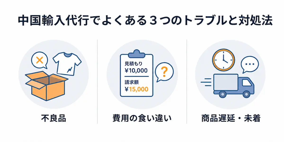 不良品、費用の食い違い、商品遅延・未着のイメージイラスト