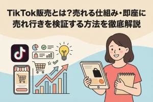 TIKTOKロゴ、販売グラフ、スマホのショップ、タブレットを持つ女性