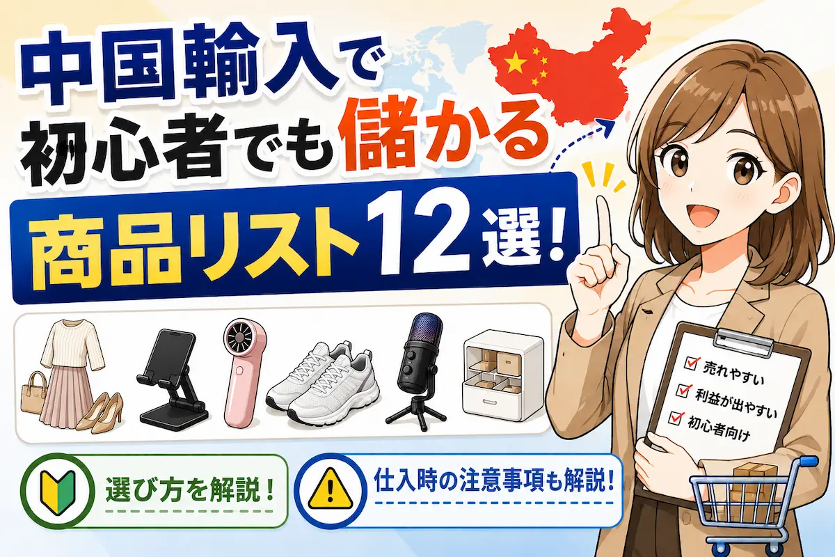 チェック表を持つ女性、中国輸入で初心者でも儲かる商品リスト12選の文字と、商品のイメージイラスト