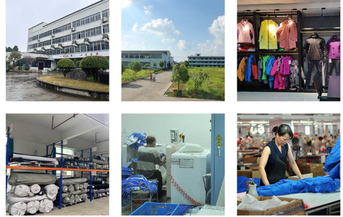 アウトドアウェア工場の外観とウェアが展示された内部画像